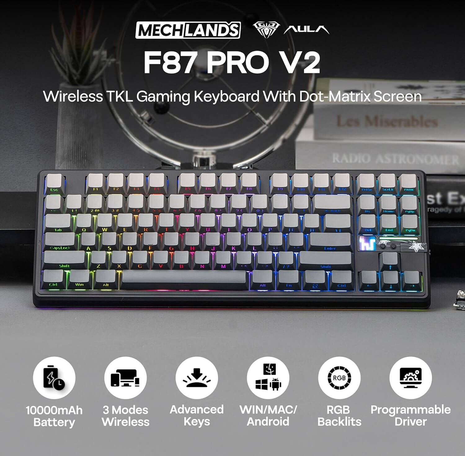 کیبورد مکانیکال گیمینگ سیمی، بی‌سیم و بلوتوث آئولا مدل F87 PRO V2 با سوئیچ Gray